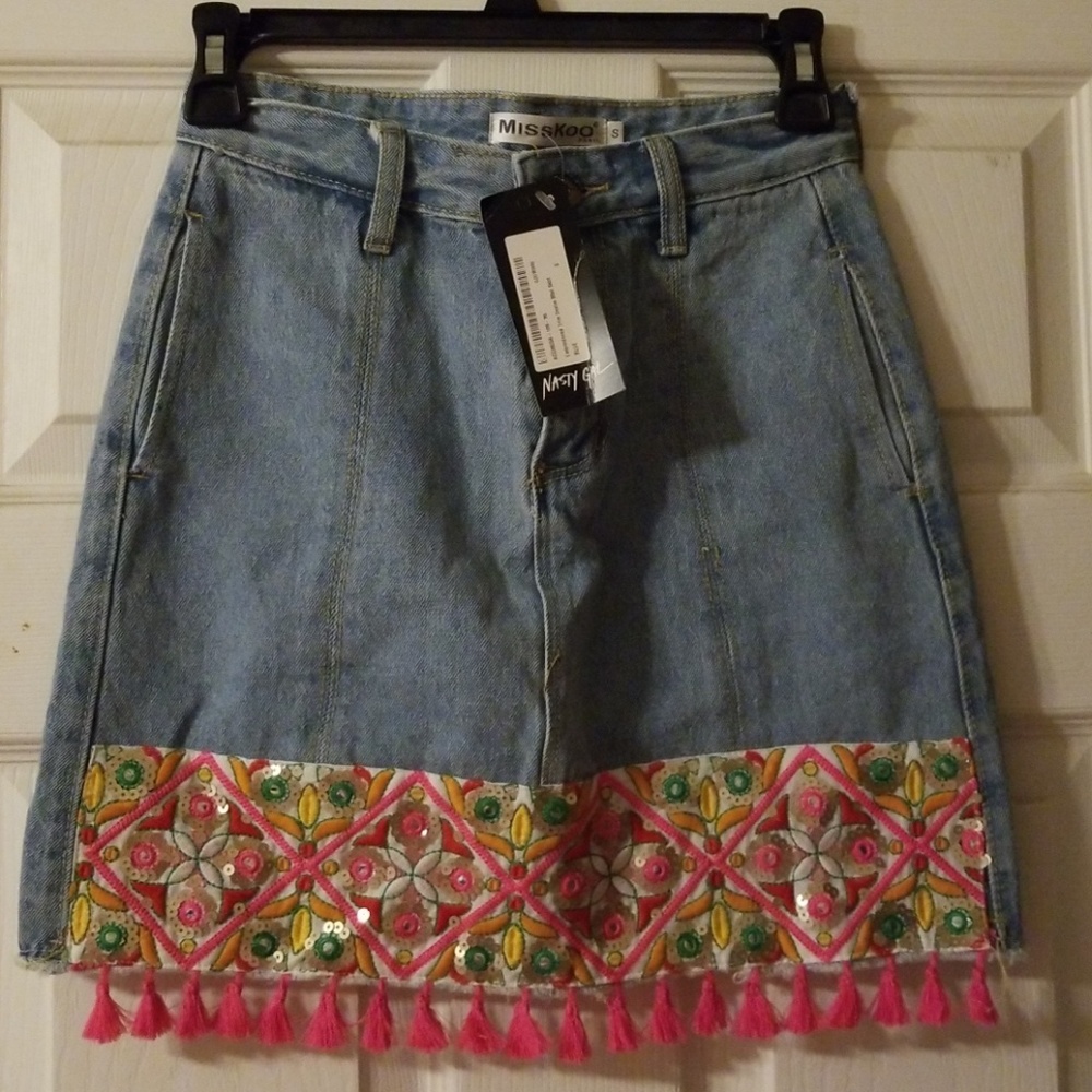 MissKoo denim mini skirt with embellishments